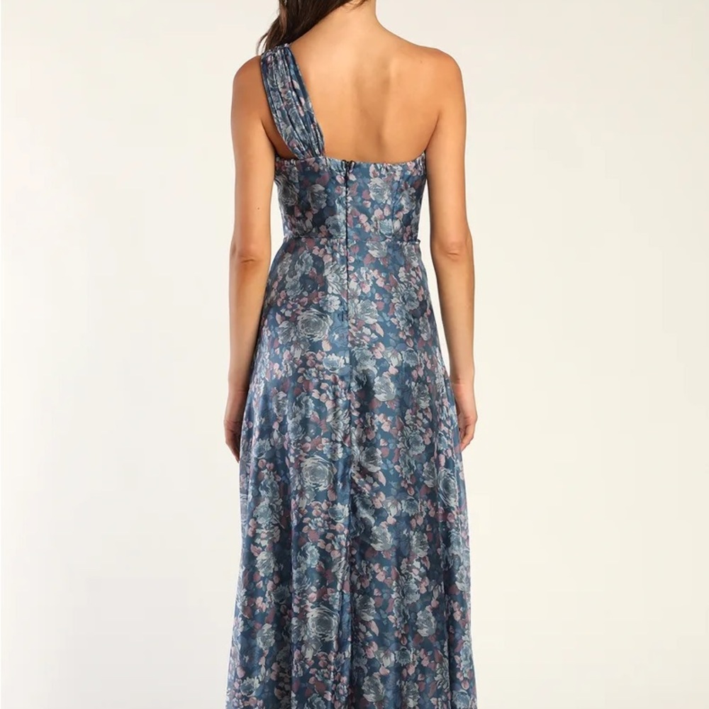 Lulus Happily Mine Slate Blue Floral Print One-Shoulder Maxi Dress